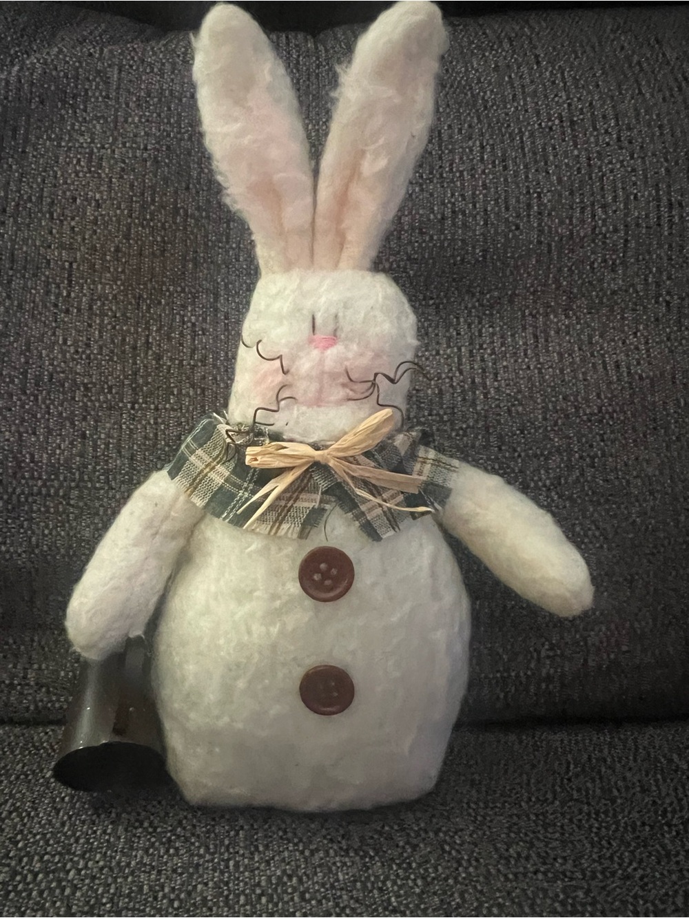 Plush White Bunny Decor with Plaid Collar